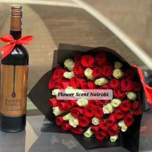 red and white mixed roses bouquet with red wine flowers delivery