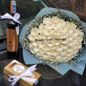 WHITE ROSES BOUQUET,CHOCOLATE AND RED WINE GIFT DELIVERY IN NAIROBI